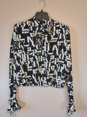Letter-Print Black & White Tie-Neck Blouse
